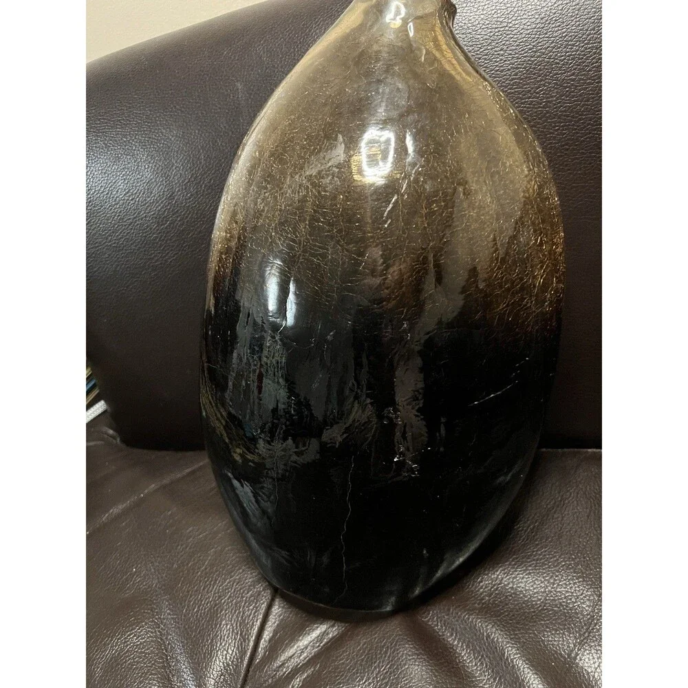 Italian Hand Blown Vase Murano Style 12” Amber Crackle Heavy Vintage